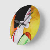 Japanse geisha met groene kimono originele kunst ronde klok (Hoek)