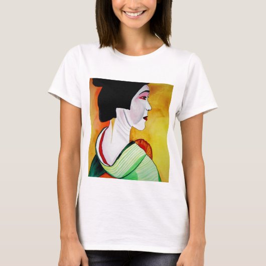 Japanse Geisha met groene kimono originele kunst T-shirt (Voorkant)