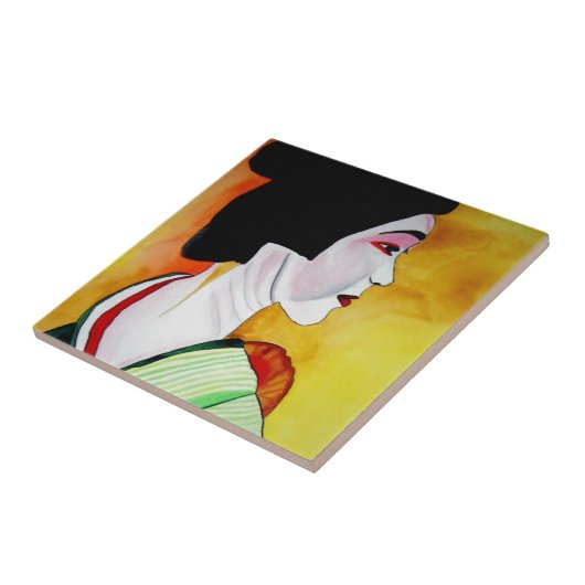 Japanse Geisha met groene kimono originele kunst Tegeltje (Zijkant)
