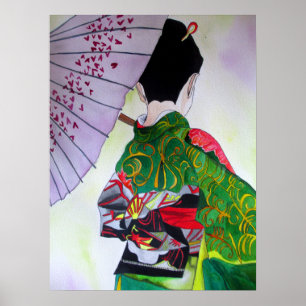 Japanse Geisha met kimono en paarse paraplu Poster