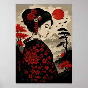 Japanse Geisha met rode bloemen en de berg Fuji Poster