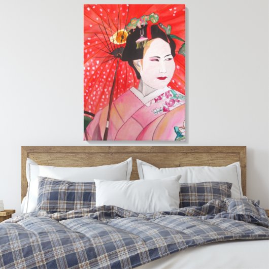 Japanse Geisha met rode paraplu originele kunst Canvas Afdruk (Insitu (Slaapkamer))