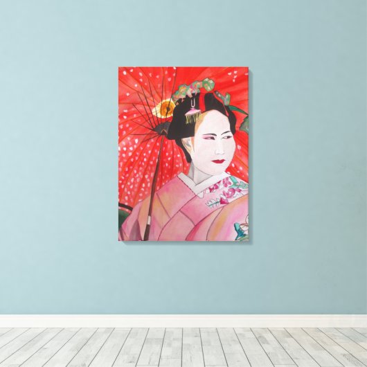 Japanse Geisha met rode paraplu originele kunst Canvas Afdruk (Insitu (Houten vloer))
