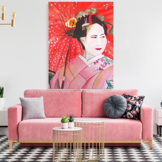 Japanse Geisha met rode paraplu originele kunst Canvas Afdruk (Insitu (Woonkamer))