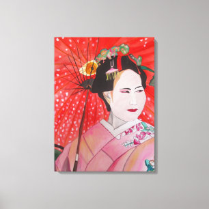 Japanse Geisha met rode paraplu originele kunst Canvas Afdruk