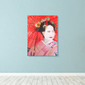 Japanse Geisha met rode paraplu originele kunst Canvas Afdruk (Insitu (Houten vloer))