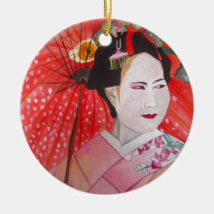 Japanse Geisha met rode paraplu originele kunst Keramisch Ornament