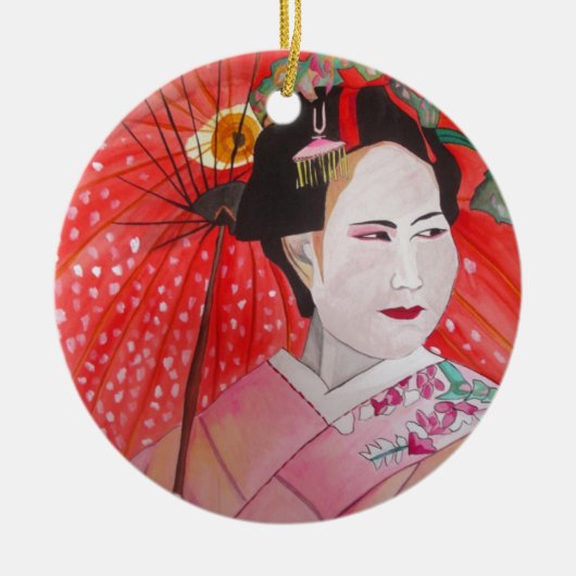 Japanse Geisha met rode paraplu originele kunst Keramisch Ornament (Voorkant)
