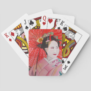 Japanse Geisha met rode paraplu originele kunst Pokerkaarten