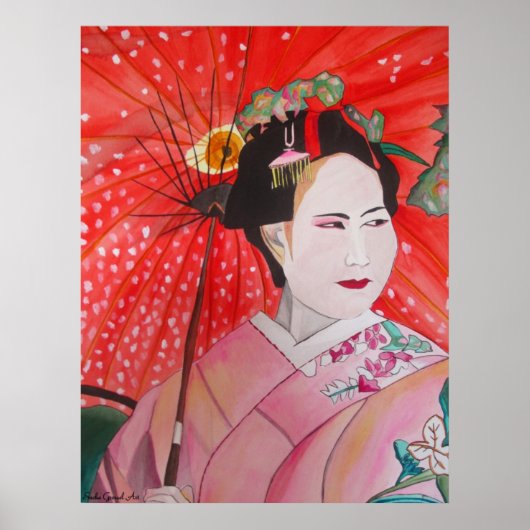 Japanse Geisha met rode paraplu originele kunst Poster (Voorkant)