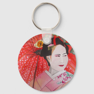 Japanse Geisha met rode paraplu originele kunst Sleutelhanger