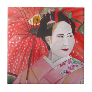 Japanse Geisha met rode paraplu originele kunst Tegeltje