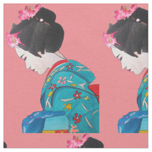 Japanse Geisha met roze bloesem schattige kunst Stof