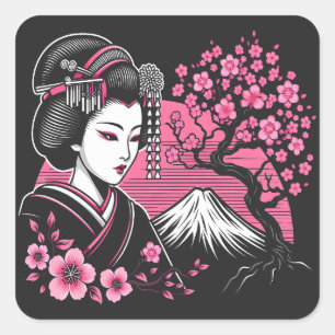 Japanse Geisha Mount Fuji Japanse Kersenbloesem Vierkante Sticker