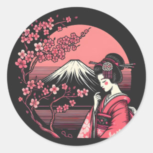 Japanse Geisha Mount Fuji Kersenbloesem Bomen Ronde Sticker