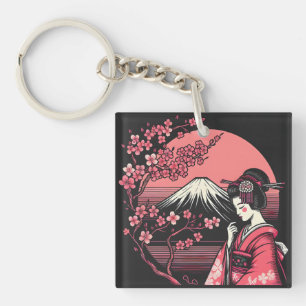 Japanse Geisha Mount Fuji Kersenbloesem Bomen Sleutelhanger