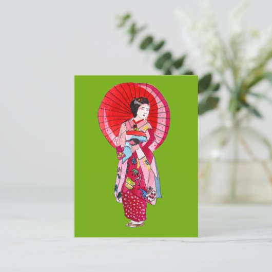 Japanse Geisha rode kimono schattige kunst Briefkaart (Staand voorkant)