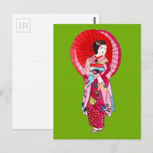 Japanse Geisha rode kimono schattige kunst Briefkaart (Voorkant / Achterkant)
