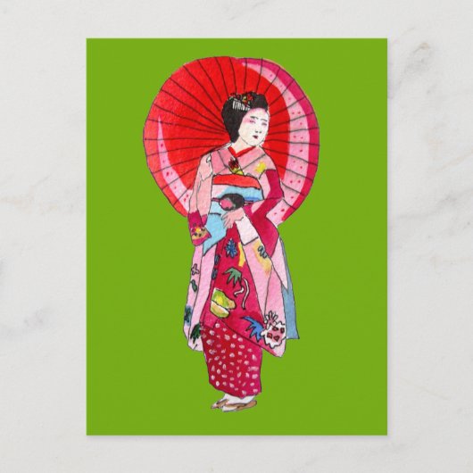 Japanse Geisha rode kimono schattige kunst Briefkaart (Voorkant)