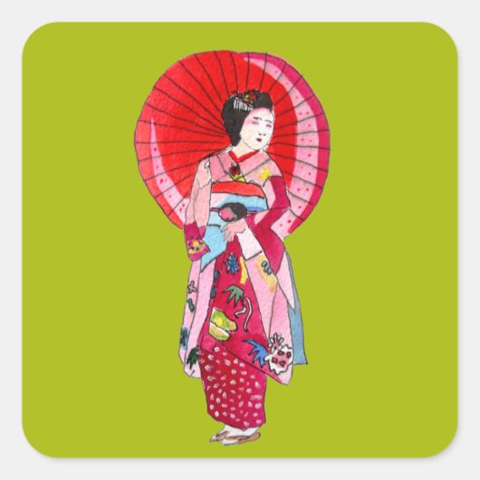 Japanse Geisha rode kimono schattige kunst Vierkante Sticker (Voorkant)