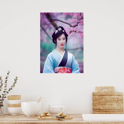 Japanse Geisha Tree AI Creëer fotostijl Poster (Keuken)