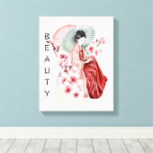 Japanse Geisha-Waterverf met Kimono en Sakura Canvas Afdruk (Insitu (Houten vloer))