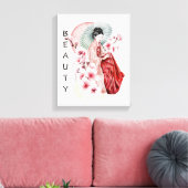 Japanse Geisha-Waterverf met Kimono en Sakura Canvas Afdruk (Insitu (Woonkamer))