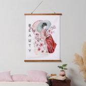 Japanse Geisha-Waterverf met Kimono en Sakura Hangend Wandkleed (Slaapkamer)