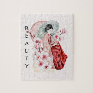 Japanse Geisha-Waterverf met Kimono en Sakura Legpuzzel