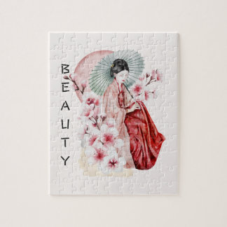 Japanse Geisha-Waterverf met Kimono en Sakura Legpuzzel