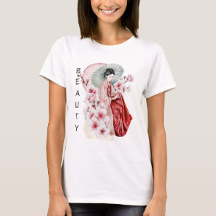 Japanse Geisha-Waterverf met Kimono en Sakura T-shirt