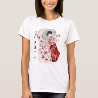 Japanse Geisha-Waterverf met Kimono en Sakura T-shirt