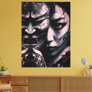 Japanse Gemaskerde Vrouw Donkere Tatoeage Realisme Canvas Afdruk