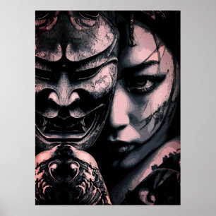 Japanse Gemaskerde Vrouw Donkere Tatoeage Realisme Poster