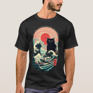Japanse Golf Art Zwarte Kat Retro Zon Vintage T-shirt