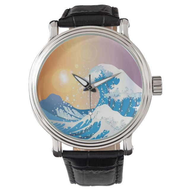 Japanse Golve Art Sunset Ocean Horloge (Voorkant)