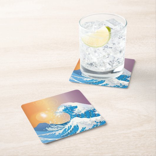Japanse Golve Art Sunset Ocean Kartonnen Onderzetters (Insitu)
