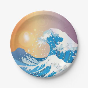 Japanse Golve Art Sunset Ocean Papieren Bordje