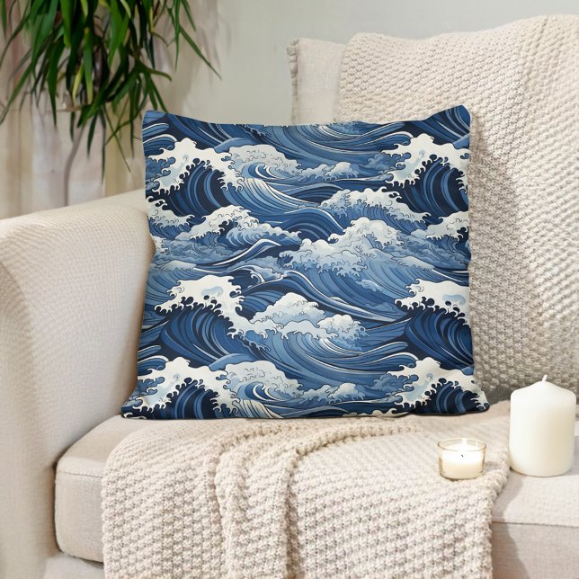 Japanse golven Blauwe tinten Kussen (Blue and white Japanese waves pillows
)