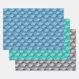  Japanse golven, Blue.Turquoise, Blk/White Inpakpapier Vel