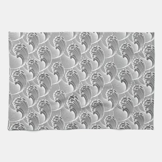 Japanse golven, grijs / grijs en wit Theedoek (Horizontaal)