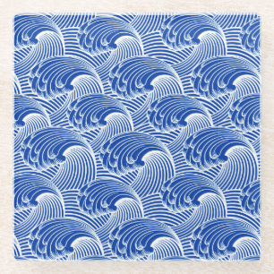 Japanse golven, kobalt blauw en wit  Glazen Onderzetter