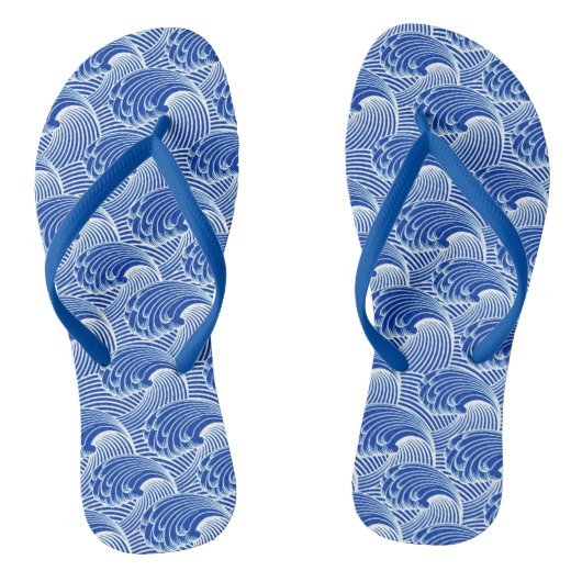 Japanse golven, kobalt blauw en wit Teenslippers (Voetbed)