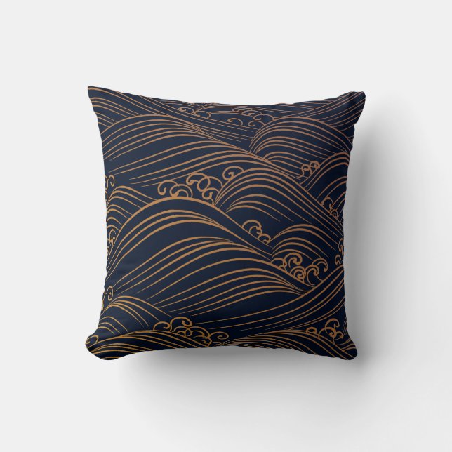 Japanse golven Pattern Dark Blue en Gold  Kussen (Voorkant)