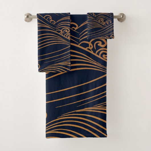 Japanse golven Pattern Navy Blue en Gold Brown Bad Handdoek (Insitu)