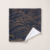 Japanse golven Pattern Navy Blue en Gold Brown Bad Handdoek (Wasdoekje)