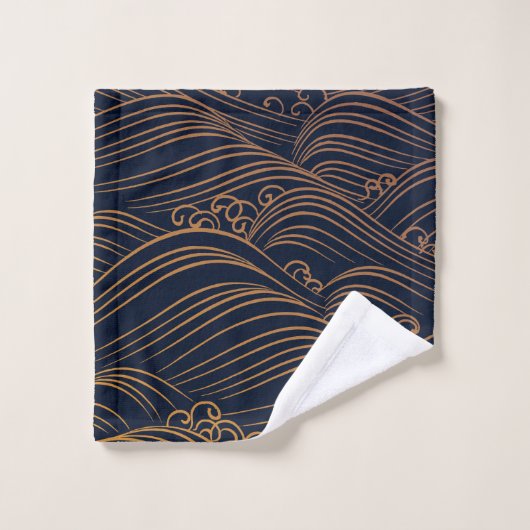 Japanse golven Pattern Navy Blue en Gold Brown Bad Handdoek (Wasdoekje)