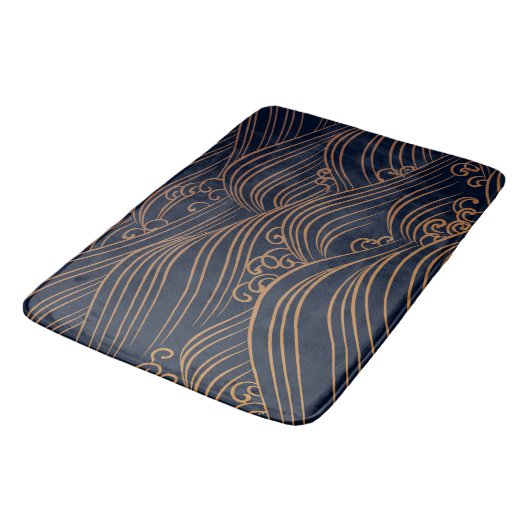 Japanse golven Pattern Navy Blue en Gold Brown Badmat (Gekanteld)
