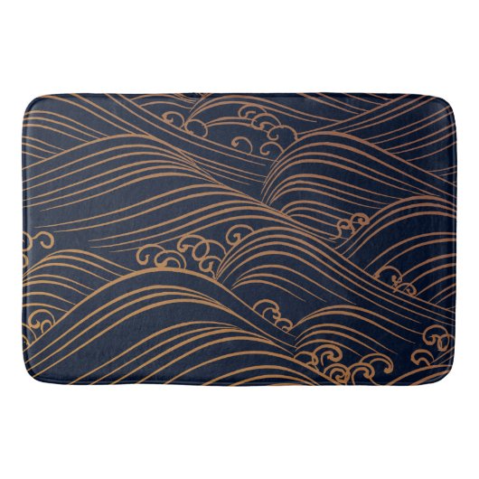Japanse golven Pattern Navy Blue en Gold Brown Badmat (Voorkant)