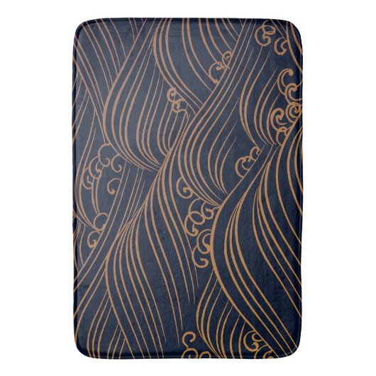 Japanse golven Pattern Navy Blue en Gold Brown Badmat (Voorkant Verticaal)